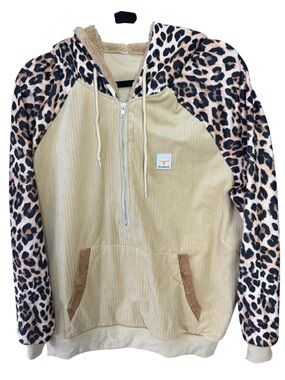 Half-Zip Corduroy Hoodie with Leopard Sleeves